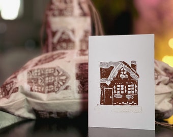 gingerbread house linocut print small greeting cards, set of three