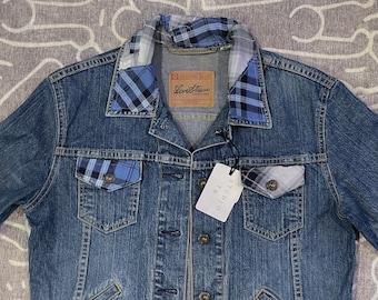 mixed plaid flannel patchwork denim jacket, women's S