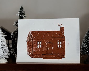 cabin linocut print