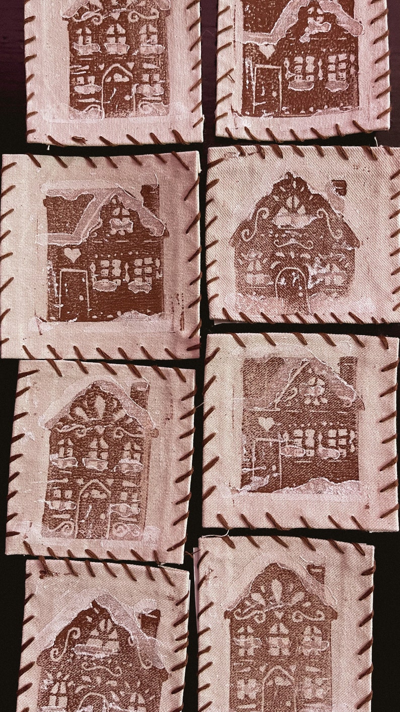 linocut printed gingerbread house iron on patch image 3