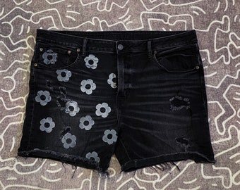 flower power hand-printed black denim shorts, men's 40