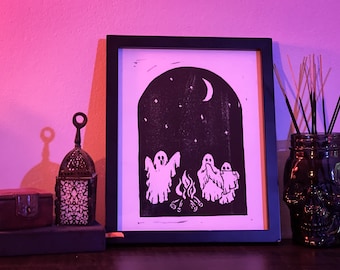 ghost stories linocut print