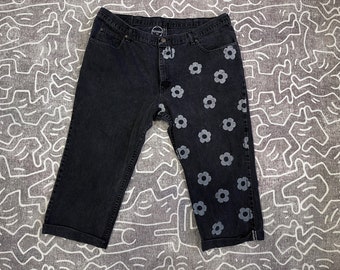 flower power hand-printed relaxed fit black jeans