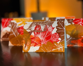 leaf linocut print small greeting cards, set of three