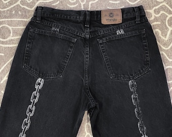 chain hand-printed straight leg black jeans, men's 33X30