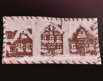 linocut printed three gingerbread houses iron-on patch