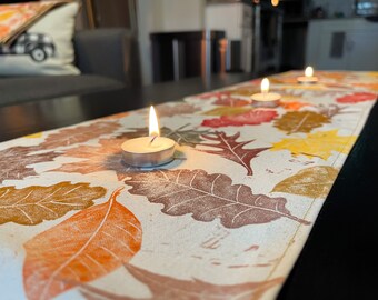 leaf linocut print table runner