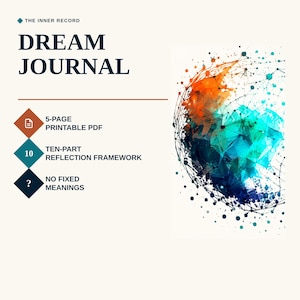 Puede incluir: Un documento digital titulado THE INNER RECORD DREAM JOURNAL que incluye un PDF imprimible de 5 páginas, un marco de reflexión de diez partes y sin significados fijos. A la derecha, un gráfico esférico abstracto con nodos naranja y azules.