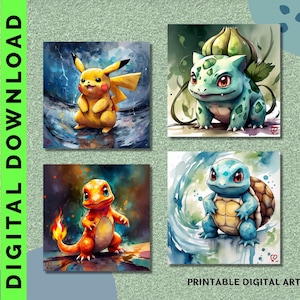 May include: Digital art prints of four Pokemon characters: Pikachu, Bulbasaur, Charmander, and Squirtle. Each character is depicted in a watercolor style with vibrant colors and a whimsical background.