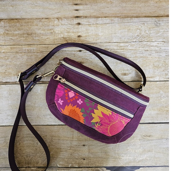 Clamshell Sling Bag, Fanny Pack, Belt bag, Crossbody bag, Festival Bag, Waxed Canvas in Aubergine with floral accent and Light Gold Hardware