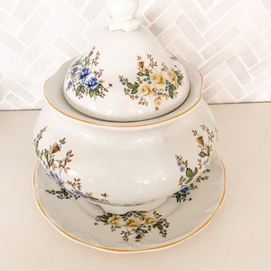 Floral Ginger Jar, Vintage Lidded Urn, Ceramic Cookie Canister with Plate