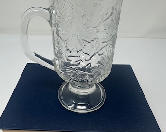 Clear Glass Drinking Mug(s), Fantasia by Princess House, Heavyweight Etched Glass with Gold Rim