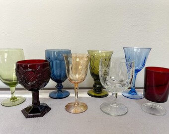 Red, Green, Blue, and More Colors Mix & Match Vintage Wine Glasses, Mismatched Colors Water Glasses *Free Shipping* Wine Goblets Set of 8