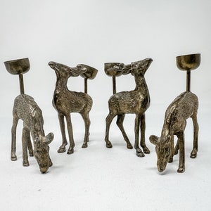 Vintage Brass Deer Candle Holders, Metal Reindeer Decor, Set of 4