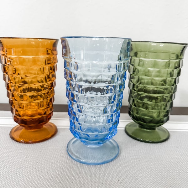 Cubist Whitehall Glasses, Vintage Block Pattern Tea, Water, Juice, Soda Tumblers 14 Ounce, Blue, Green, Clear and Amber