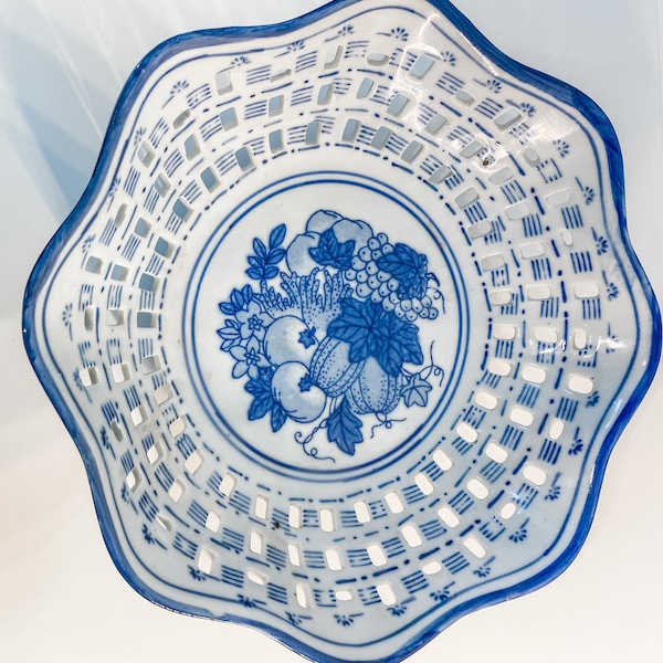 Blue and White Decorative Bowl, Fruit Serving Dish, Lace Reticulated Edge Plate, Chinoiserie Decor