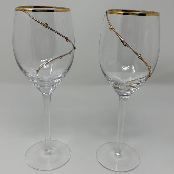 Wine Glass Pair, Gold Dot and Swirl Wine Glasses, Vintage Set of 2 Clear Tall Goblets