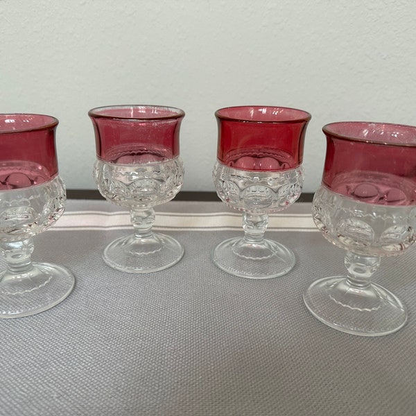 King's Crown-Cranberry Flashed (Top Only) by TIFFIN-FRANCISCAN Thumbprint  *Imperfect* Glasses, Vintage Set of 4 Small Wine Goblets