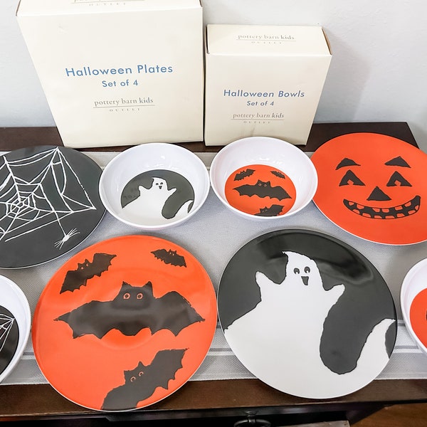 Halloween-Melamin-Geschirr, Vintage-Keramik-Barn-Outlet-Kinderteller und -schalen, 4er-Sets mit orangefarbenem und schwarzem Geschirr