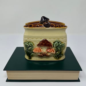 May include: A ceramic napkin holder shaped like a mushroom with brown and green details. The holder has a mushroom design on the front and a small mushroom on the top.
