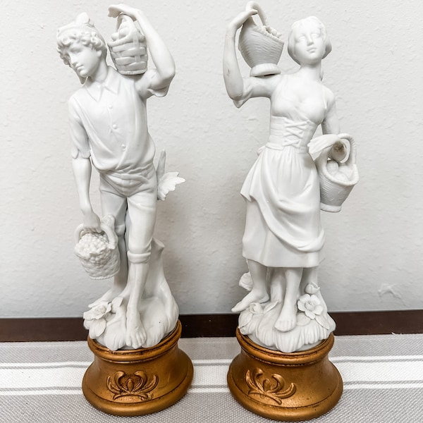 Figurine Pair of Woman and Man, Vintage Porcelain Set with Gold Pedestals *Imperfect*