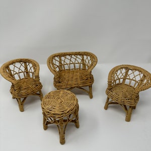 Miniature Rattan Furniture Set, Vintage Doll House Wicker Table and Chairs, Boho Decor, Mini Plant Stand