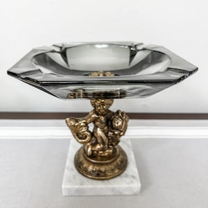 Smoke Glass Ashtray with Angel Stand, Brass Cherub and Fish Pedestal Dish with Marble Base, Gold Ornante Hollywood Regency Maximalist Decor