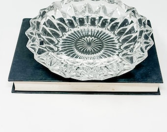 Vintage Large Glass Ashtray, Heavy Duty Clear Round Ashtray, Detailed Cut Edge Elegant Decor