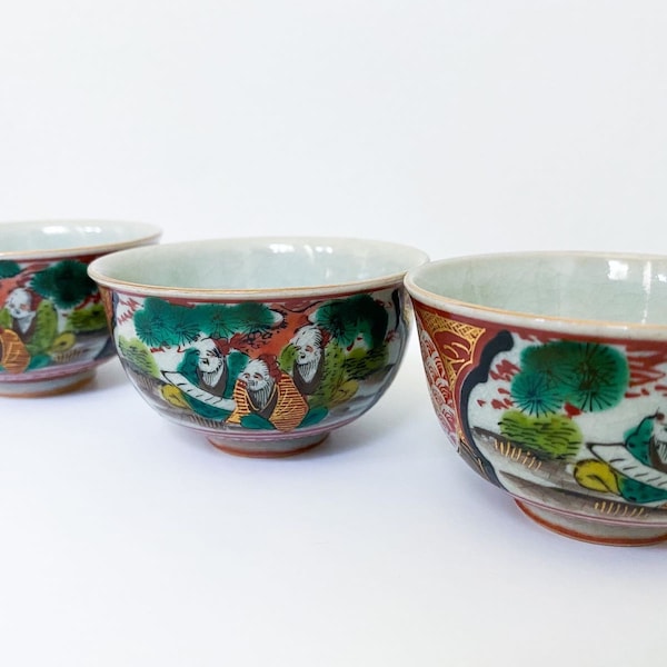 Antique Japanese Green Tea Cups, Mini Sake Bowls, Revival pieces from Kutani Shozo