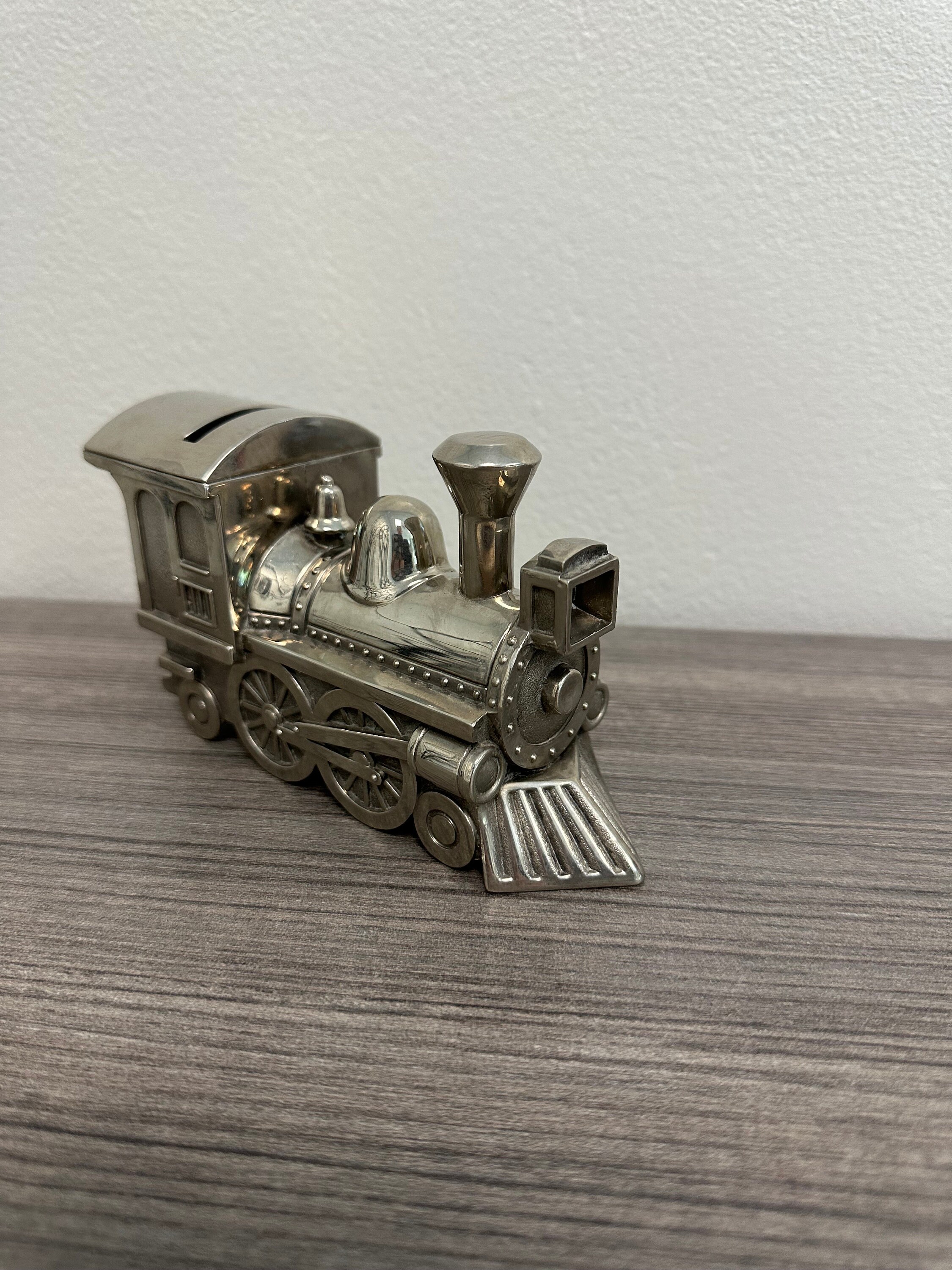 Train Coin Bank Vintage Silver Toned Locomotive Choo Choo Piggy
