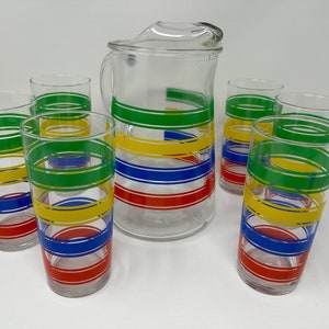 Vintage Libbey Pitcher and 6 Tumbler Set, Striped Primary Color Drinkware