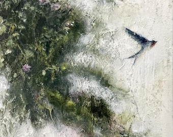 Soft Return – Original Irish Swallow & Hedgerow Painting | Mixed Media Artwork by Lizzie Lynott