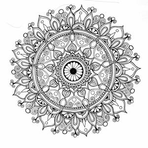 May include: Black and white mandala design. The circular pattern features intricate floral and geometric elements, including petals, swirls, and dots. The central focus is a flower-like shape, surrounded by concentric circles and detailed embellishments.
