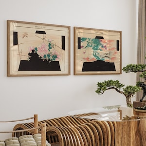 Japanese Autumn Falls , Set Of 2 Pieces Wall Art , Black And White Wall Art , Japanese Art , Vintage Japanese Art  , Antique Asian Art