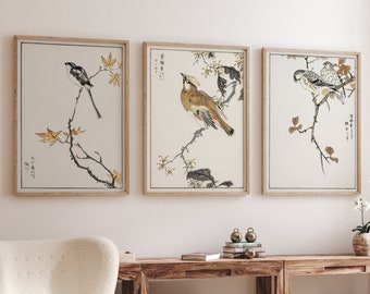 Gallery Wall Set - Japanese Art Print - Japanese Bird Art - Set Of 3 Pieces - Neutral Wall Art - Japanese Wall Art - black and white