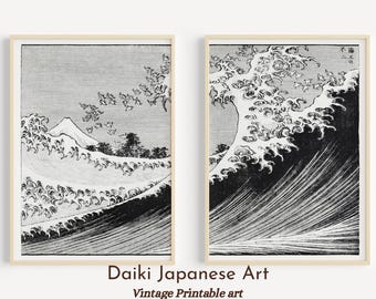 Black And White Wall Art - Hokusai Wave Print Set - 2 Pieces Art - Japanese Art Print - Traditional Japanese Art - Ocean Illustration