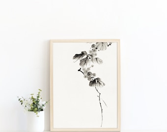Minimalist Japanese Art - Katsushika Hokusai berry branch - Vintage Black And White Asian Art