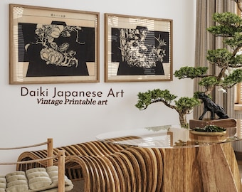 Set Of 2 Prints , Black And White Wall Art , Japanese Art Print , Japanese Wall Art , Antique Asian Print , Digital Download