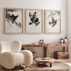 Impression d'art japonais moderne - Ensemble de 3 tirages - Art mural japonais - Art japonais minimaliste - Art japonais d'oiseau - Décor neutre - Noir et blanc