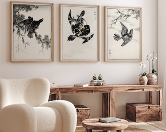 Moderner japanischer Kunstdruck – 3er-Set – japanische Wandkunst – minimalistische japanische Kunst – japanische Vogelkunst – neutrales Dekor – Schwarz und Weiß