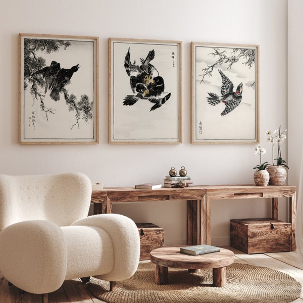 Impresión de arte japonés moderno - Juego de 3 impresiones - Arte de pared japonés - Arte japonés minimalista - Arte japonés de aves - Decoración neutral - Blanco y negro