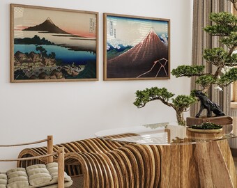 Mount Fuji Art, Set van 2 Hokusai Fuji Print, Japanse landschapskunst, Japanse afdrukbare muurkunst, landschapsprint, Japanse kunstprint