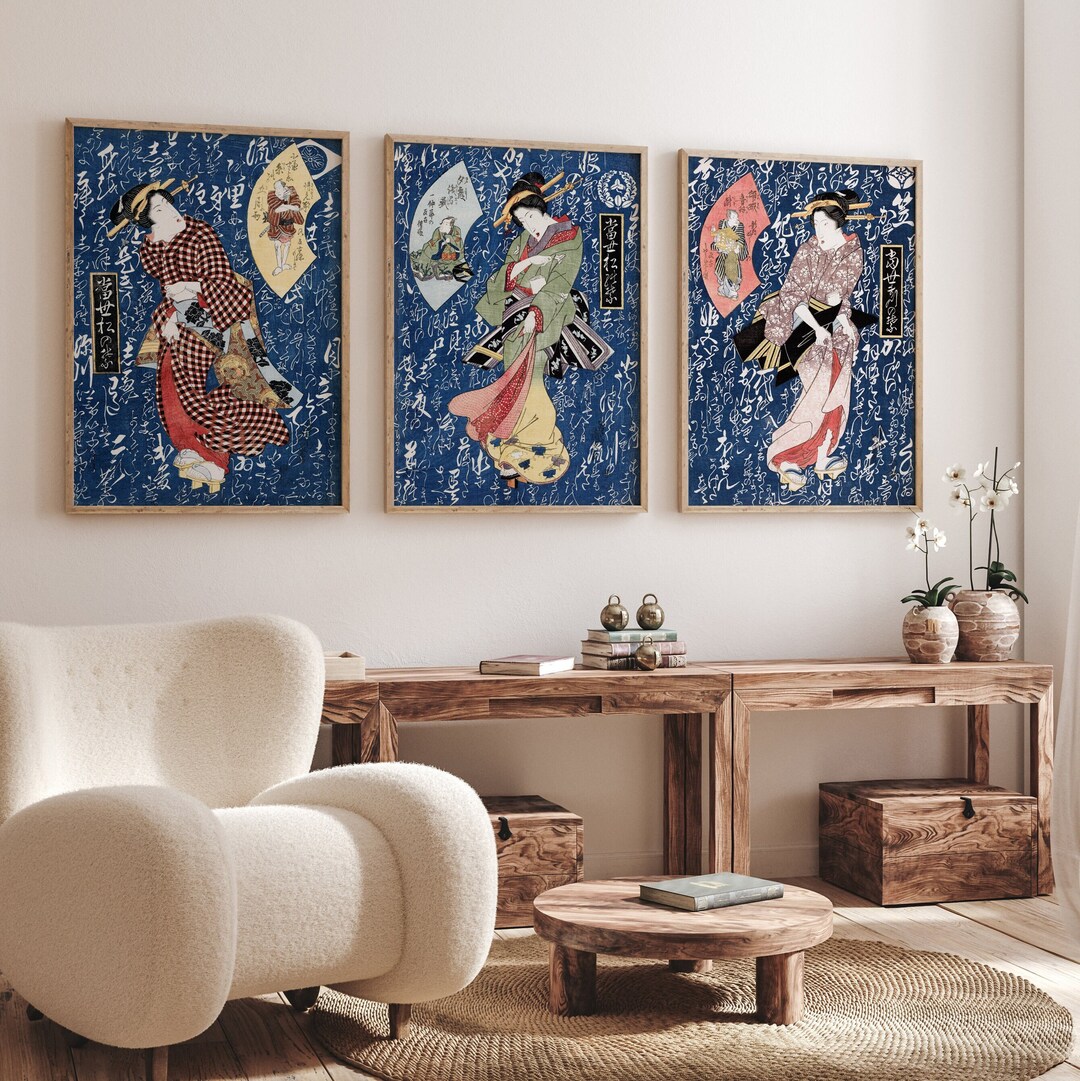 Japanese Geisha in Kimono , Set of 3 Prints Geisha , Japanese Wall Art ...