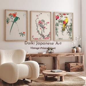 Gallery Wall Set - Japanese Art Print - Japanese Bird Art - Birds And Flowers - Set Of 3 Pieces - Neutral Wall Art - Japanese Flowers