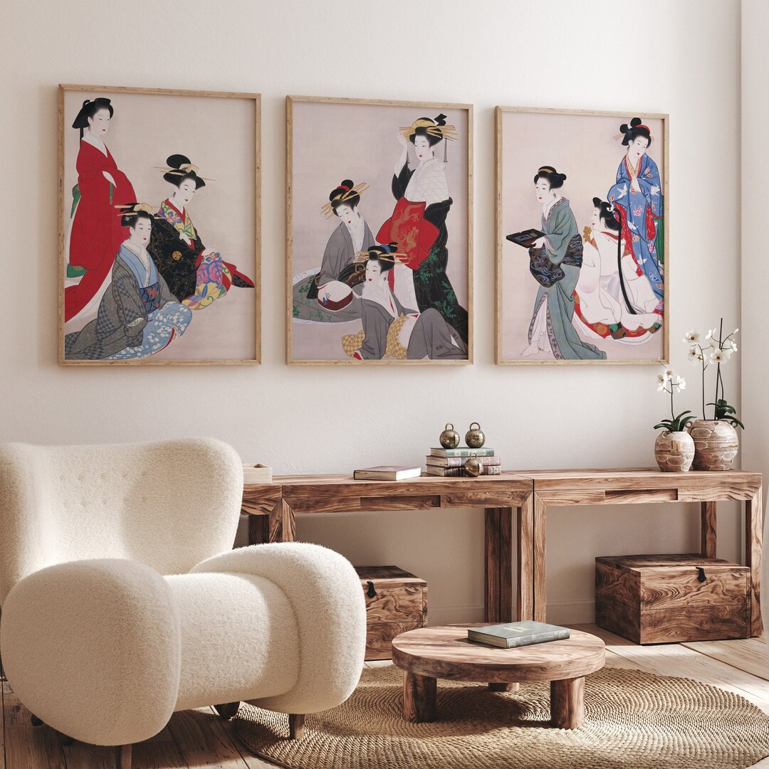 Japanese Art Set of 3 Print Woman Gheisa Japanese Ladies of Warrior