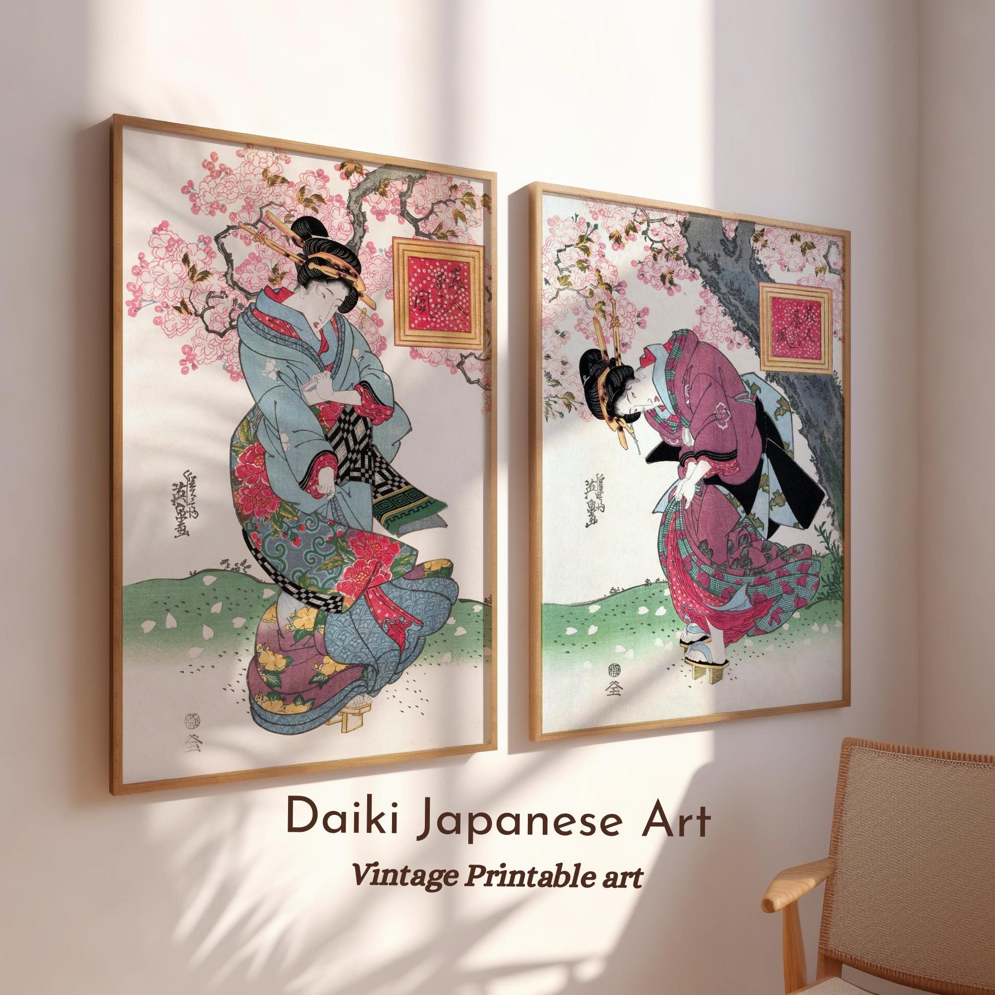 Set of 2 Pieces Woman , Keisai Eisen , Japanese Geisha in Kimono