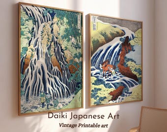 2 Pieces Art -Set Of 2 Hokusai Waterfalls Prints - Yoro Waterfall in Mino Province - Hokusai Printable Wall Art - DIGITAL DOWNLOAD