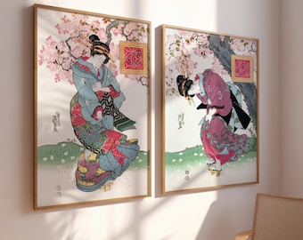 Set Of 2 Pieces Woman , Keisai Eisen , Japanese geisha in kimono , Japanese Wall Art , Japanese Art Print ,Vintage Japanese Woodblock Prints