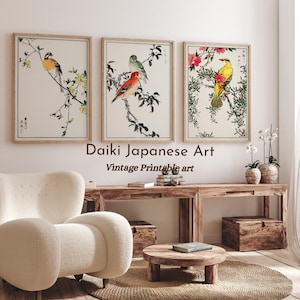 Set Of 3 Japanese Birds and Flowers , Japanese Art Print , Gallery wall Set , Printable Wall Art , Neutral Wall Decor , Modern Japanese art