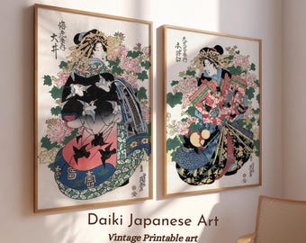 May include: Two vintage Japanese woodblock prints featuring women in traditional clothing with floral backgrounds. The prints are framed in wood and have Japanese text.